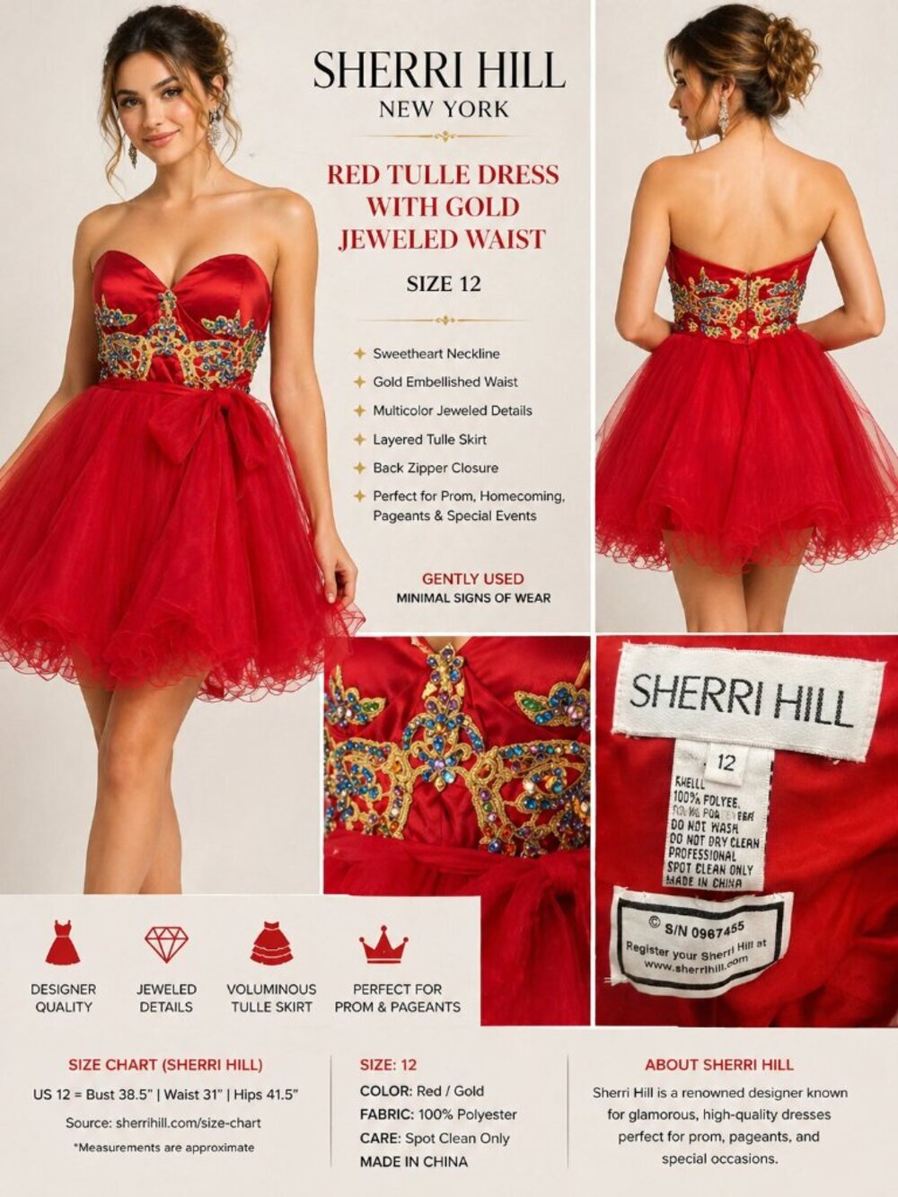 SHERRI HILL RED TULLE JEWELED MINI DRESS SZ 12